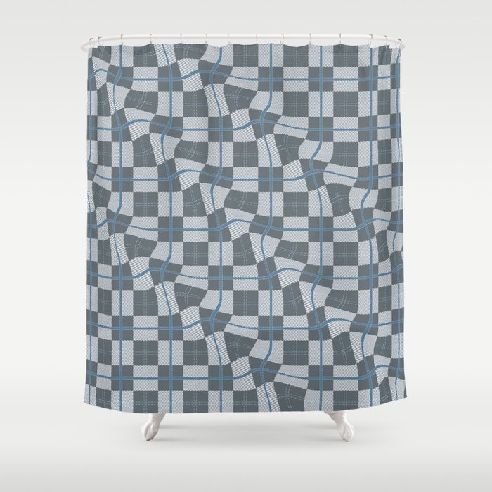 Warped Checkerboard Grid Illustration Gray Blue Shower Curtain