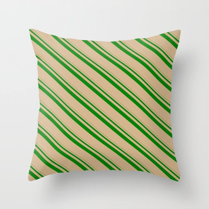Green & Tan Colored Pattern of Stripes Throw Pillow