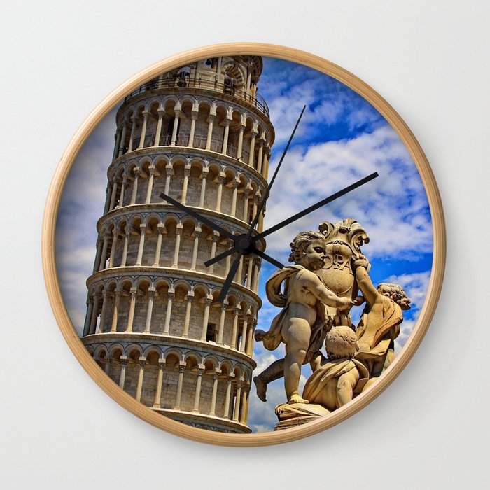Italy Photography - Leaning Tower of Pisa Under The Blue And Cloudy Sky Wall Clock