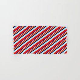 [ Thumbnail: Orange, Dark Blue, Turquoise, and Red Colored Stripes Pattern Hand & Bath Towel ]
