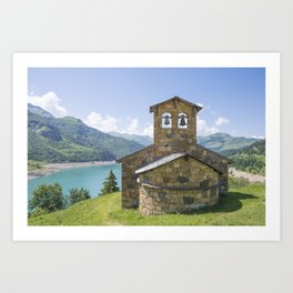 Lake Roselend chapel - church next to a reservoir in the french alps - travel photography Art Print