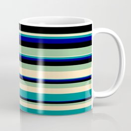 [ Thumbnail: Vibrant Dark Sea Green, Beige, Dark Cyan, Blue & Black Colored Striped/Lined Pattern Coffee Mug ]