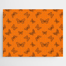 Black Butterflies Stencil Seamless Pattern on Orange Background Jigsaw Puzzle