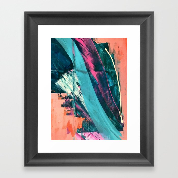 Wild [7]: a bold, colorful abstract mixed-media piece in teal, orange, neon blue, pink and white Framed Art Print