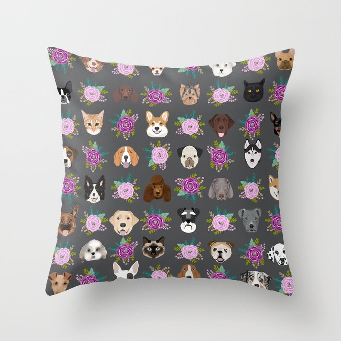 Dogs and cat breeds pet pattern cute faces corgi boston terrier husky airedale Throw Pillow