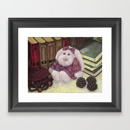 Bunny toy among the old books Framed Art Print