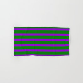 [ Thumbnail: Green & Dark Violet Colored Lined Pattern Hand & Bath Towel ]