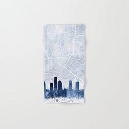 Houston Skyline & Map Watercolor Navy Blue, Print by Zouzounio Art Hand & Bath Towel