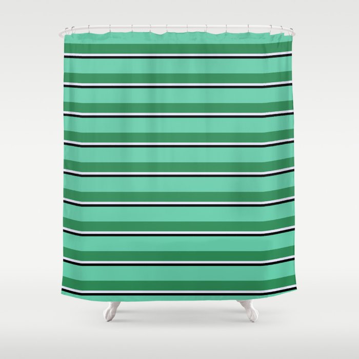 Aquamarine, Sea Green, Lavender, and Black Colored Striped/Lined Pattern Shower Curtain