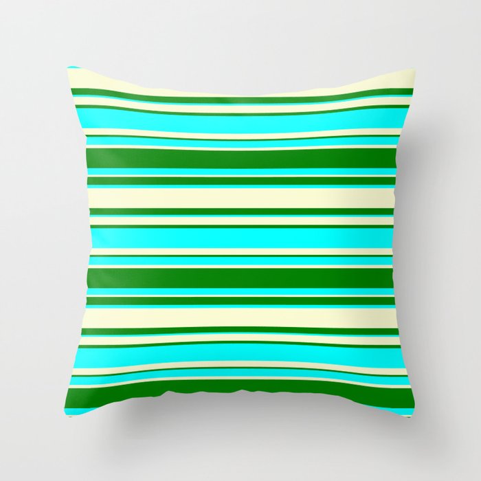 Light Yellow, Green, and Aqua Colored Lined Pattern Throw Pillow