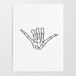 Surf Shaka sign. Hand drawn illustration of hand skeleton. Poster