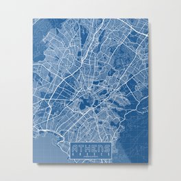 Athens City Map of Greece - Blueprint Metal Print