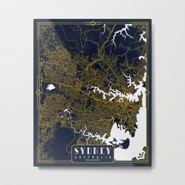 Sydney City Map of Australia - Gold Art Deco Metal Print