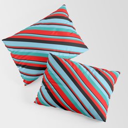 [ Thumbnail: Black, Sky Blue, Light Sea Green & Red Colored Lines/Stripes Pattern Pillow Sham ]