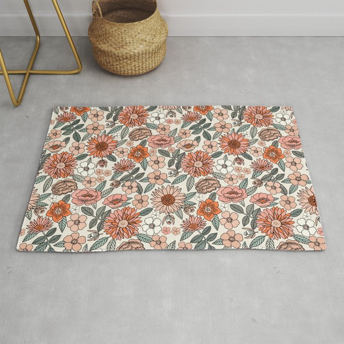 70s flowers - 70s, retro, spring, floral, florals, floral pattern, retro flowers, boho, hippie, earthy, muted Rug