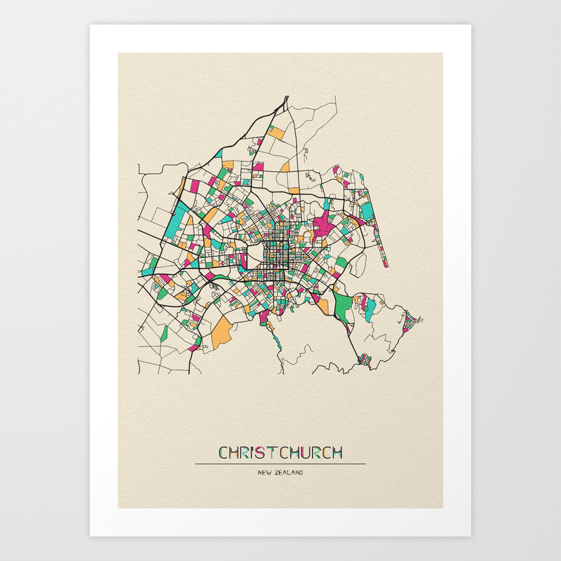 Map Of Christchurch Nz Colorful City Maps: Christchurch, New Zealand Art Print By A Deniz Akerman  | Society6