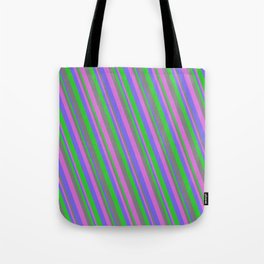 [ Thumbnail: Medium Slate Blue, Lime Green, Gray, and Orchid Colored Lined Pattern Tote Bag ]