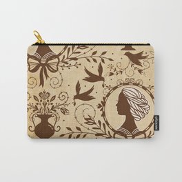 Vintage Lady Cameo and  Dove on Brown  Carry-All Pouch | Fairy, Background, Watercolor, Drawing, Bird, Painting, Face, Pattern, Silhouette, Fairies 