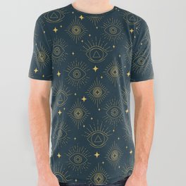 Modern gold line evil eye pattern on blue background All Over Graphic Tee