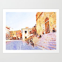 Teramo: boys and girls sitting on the steps of the cathedral Art Print