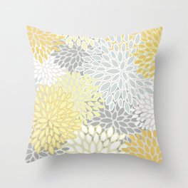 Floral Prints, Soft, Yellow and Gray, Modern Print Art Throw Pillow