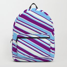 [ Thumbnail: Purple, Mint Cream, and Light Sky Blue Colored Lined/Striped Pattern Backpack ]