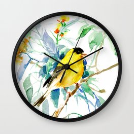 American Goldfinch, yellow sage green birds and flowers Wall Clock