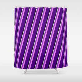 [ Thumbnail: Eyecatching Dark Orchid, Violet, Indigo, Black & White Colored Stripes/Lines Pattern Shower Curtain ]
