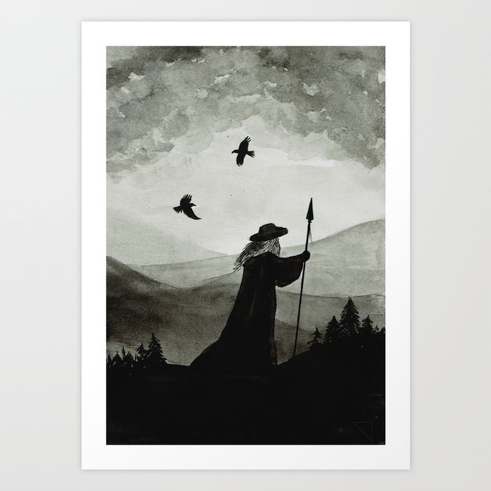 Odin, Huginn and Muninn. Art Print