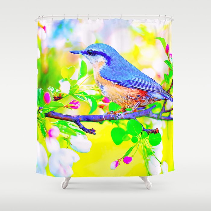 Blue Bird On A Branch Of Flowers Shower Curtain