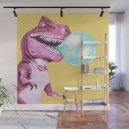 Bubble Gum Pink T-rex in Yellow Wall Mural