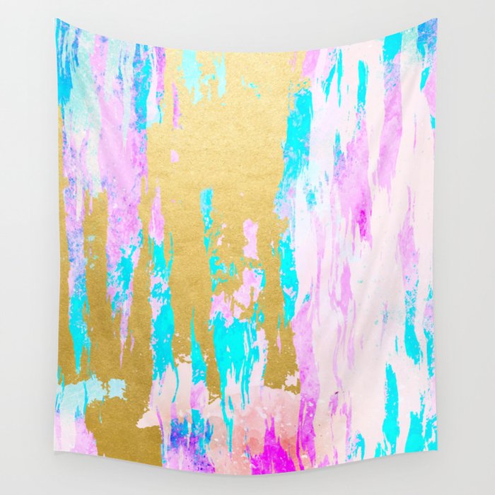 Meraki, Abstract Gold Painting, Colorful Graphic Design, Golden Pink Blue Eclectic Luxe Illustration Wall Tapestry