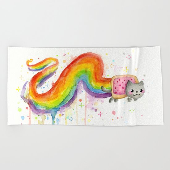 Rainbow Cat Meme Geek Whimsical Animal Painting Beach Towel