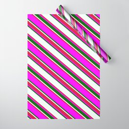 [ Thumbnail: Mint Cream, Crimson, Fuchsia & Dark Green Colored Striped/Lined Pattern Wrapping Paper ]