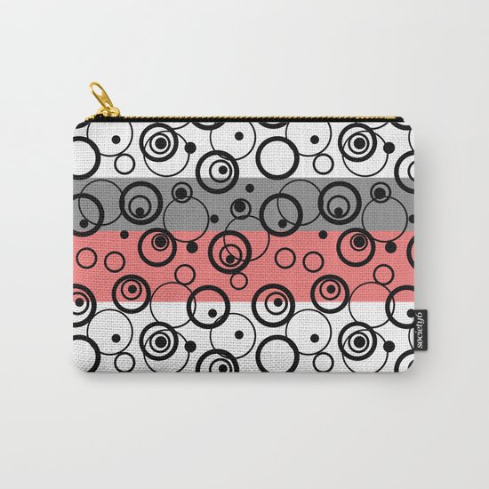 Circles and rings on striped background . Salmon , black , white , grey Carry-All Pouch