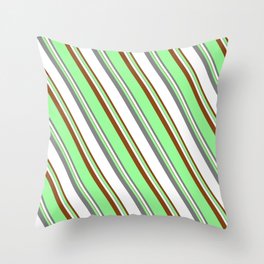 [ Thumbnail: Green, Grey, White, and Brown Colored Lined/Striped Pattern Throw Pillow ]