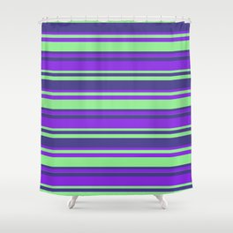 [ Thumbnail: Purple, Light Green & Dark Slate Blue Colored Lines/Stripes Pattern Shower Curtain ]