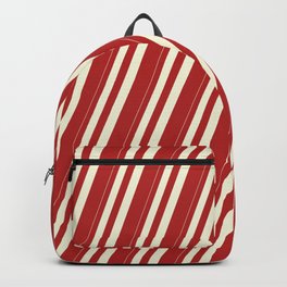 [ Thumbnail: Beige & Red Colored Lined/Striped Pattern Backpack ]