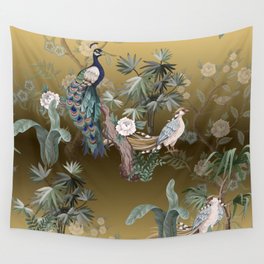Chinoiserie Oriental Golden Peacock Fresco Art Wall Tapestry