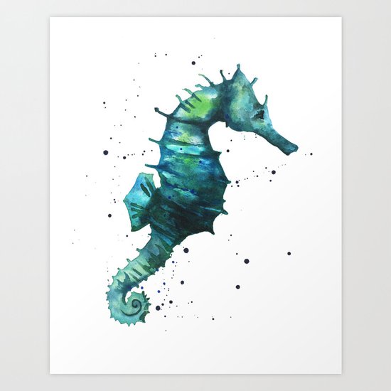 Seahorse print, seahorse painting, watercolor seahorse, green seahorse, ocean art Art Print