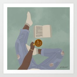Girl with book and coffee Art Print