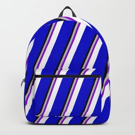 [ Thumbnail: Colorful Grey, Dark Violet, White, Blue & Black Colored Stripes Pattern Backpack ]