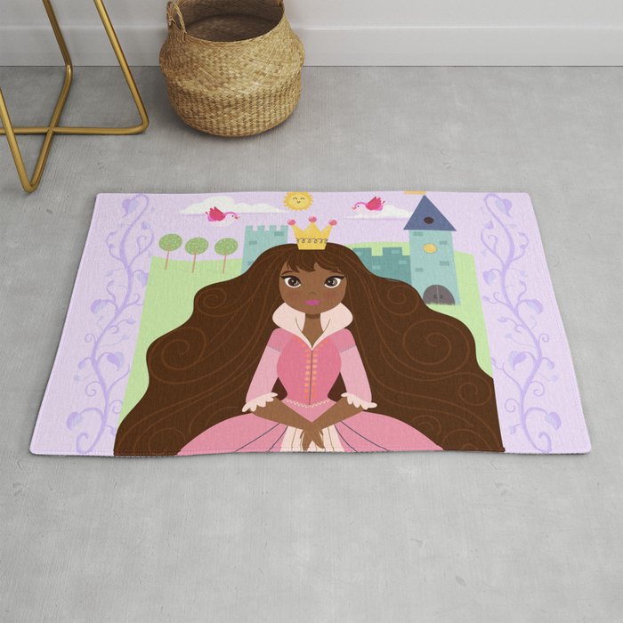 Fairy Tale Princess With Her Story Book Castle Pink Dress Rug By