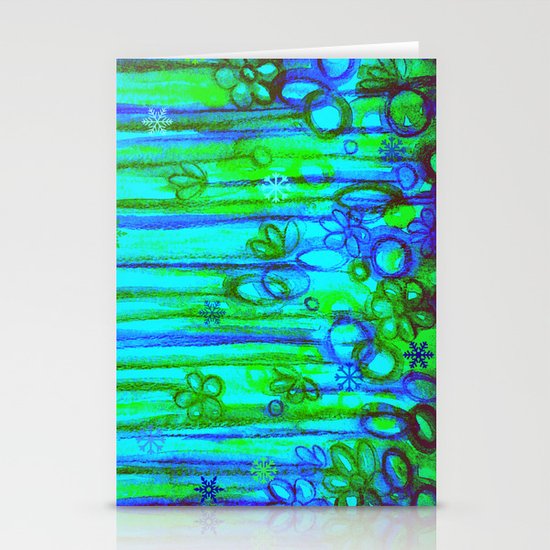 WINTER GARDEN -Bright Blue Green Neon Snowflake Floral Abstract Watercolor Painting and Digital Art Stationery Cards