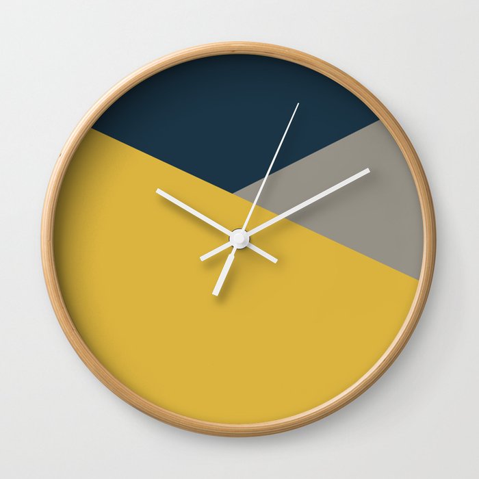 Envelope - Minimalist Geometric Color Block in Light Mustard Yellow, Navy Blue, and Gray Wall Clock