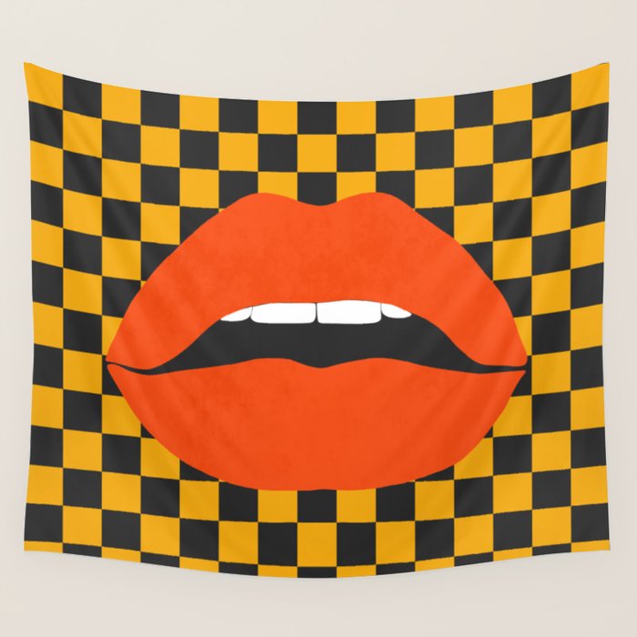 Funky pop art sexy lips black yellow check. Wall Tapestry by Mano Takako Society6