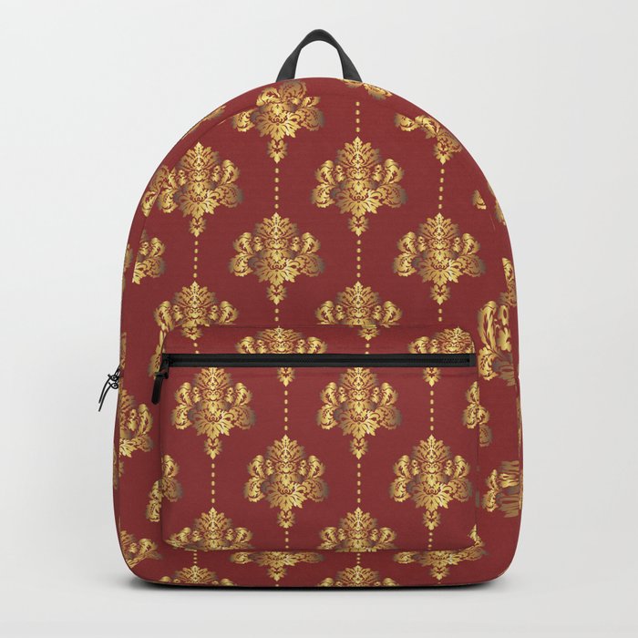 Gold damask flowers and pearls on red background Backpack