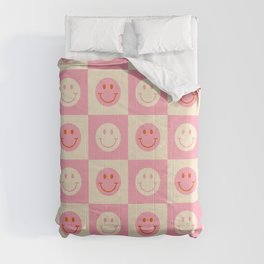 70s Retro Smiley Face Tile Pattern in Pink & Beige Comforter