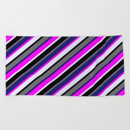 [ Thumbnail: Colorful Fuchsia, Lavender, Black, Dim Grey & Midnight Blue Colored Stripes/Lines Pattern Beach Towel ]