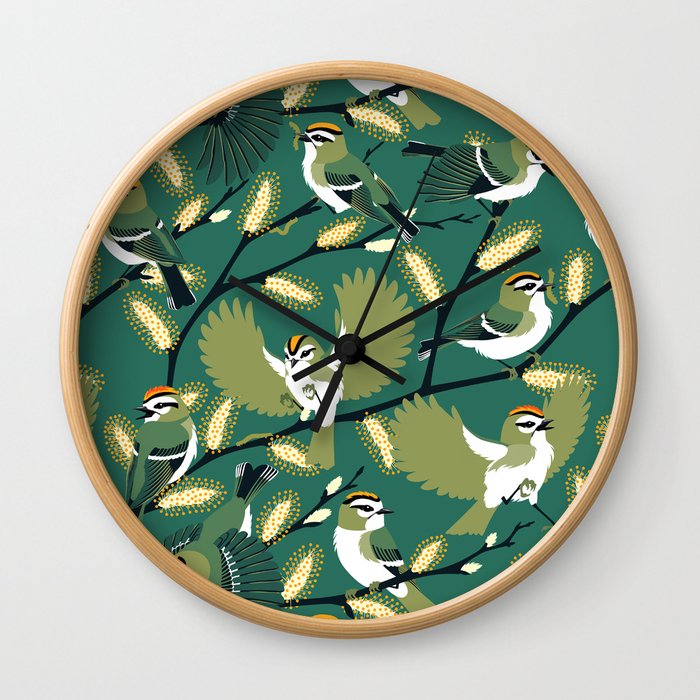 Golden-crowned Kinglets in a Pussy Willow (Greenery) Wall Clock
